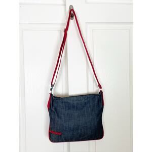 Prada VINTAGE Denim Crossbody Bag Red Leather Trim Y2K Canvas Messenger 4VA433